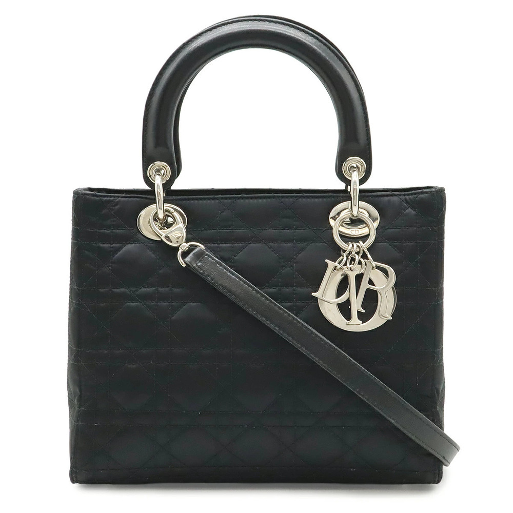 Christian Dior Lady Cannage 2way Shoulder Bag Satin Leather Black